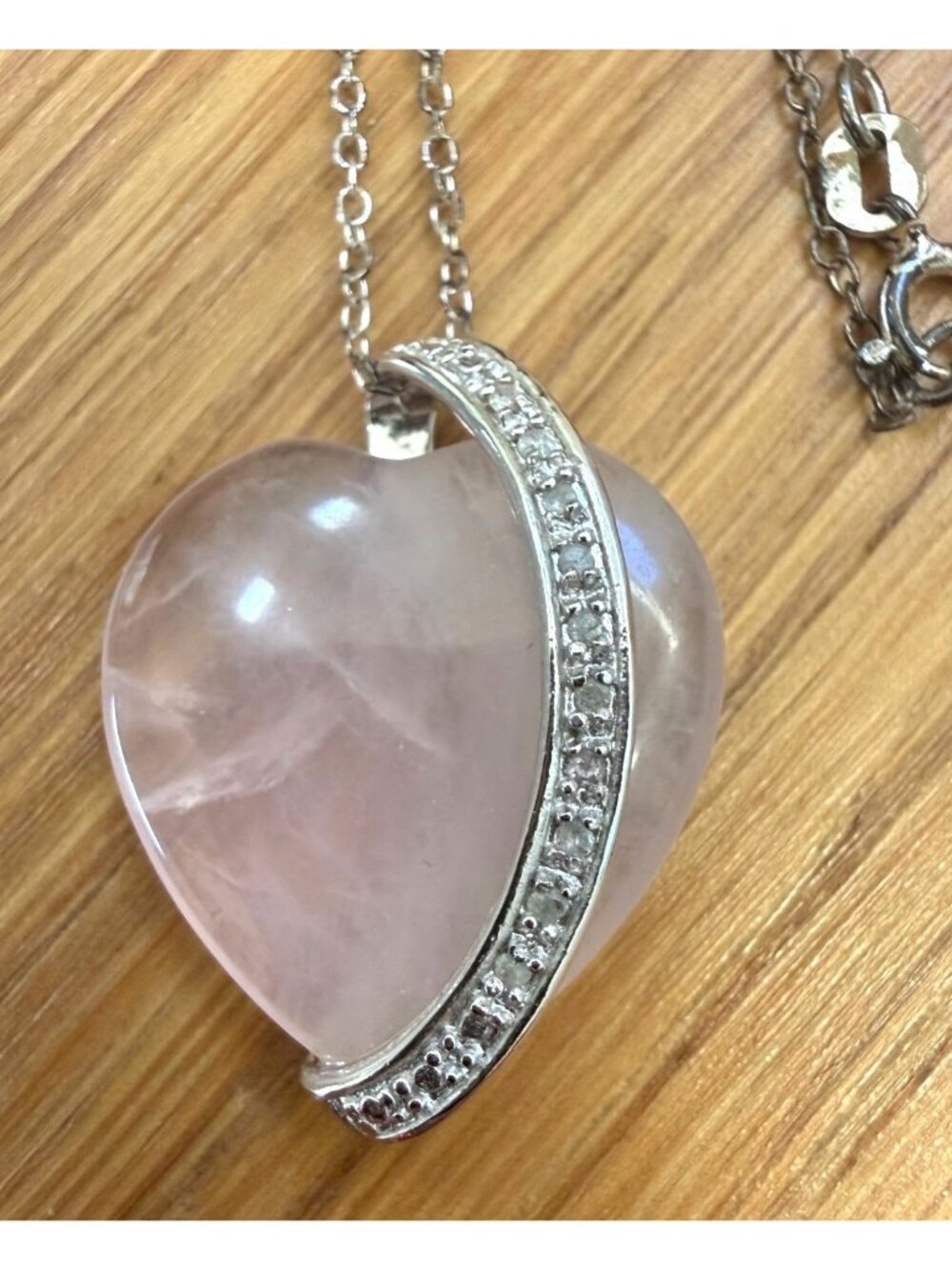 Rose Quartz Heart Pendant Necklace Sterling Silver Chain Rhinestone Accents